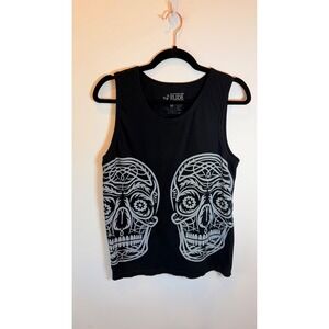 RUDE Womens Medium Black Sugar Skull Graphic Tank Top Cotton Goth Emo Streetwear